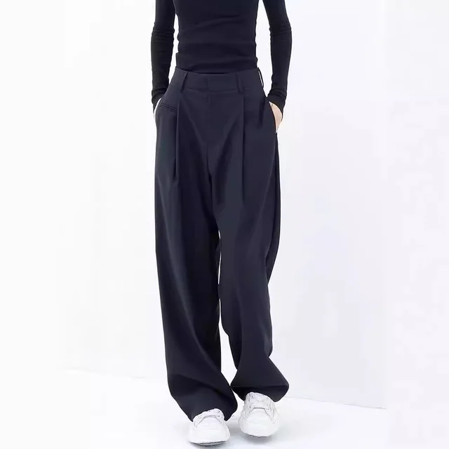 Design Drape Wide leg Casual Pants Straight leg Pants Black - Shop at LoveMi