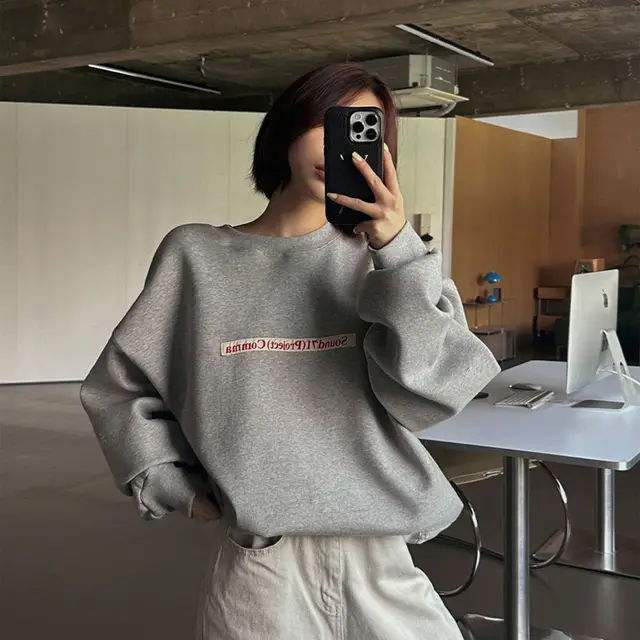 Korean Style Alphabet Embroidery Sweater Round Neck Versatile Gray - Shop at LoveMi