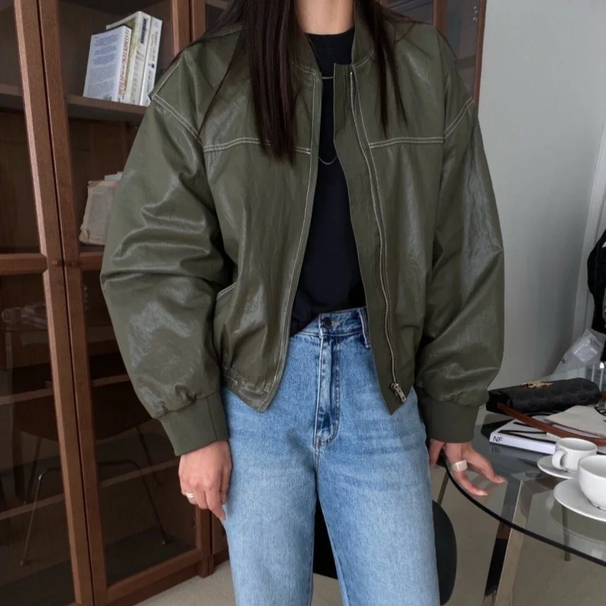 Loose Long Sleeve Leather Jacket Coat Women - Dark Green