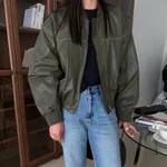 Loose Long Sleeve Leather Jacket Coat Women - Green