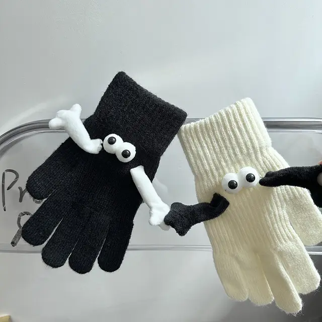Couple Magnetic Warm Gloves Cute Doll Hand Gloves Black And White - Shop at LoveMi
