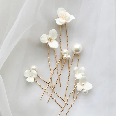 Ceramic Flower Pearl Embellished Bridal Hairpin Hair Plug Simple Hair Accessories Golden Set - Shop at LoveMi