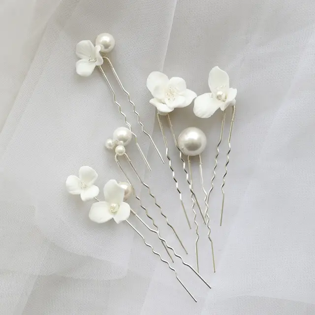 Ceramic Flower Pearl Embellished Bridal Hairpin Hair Plug Simple Hair Accessories Silver Sets - Shop at LoveMi