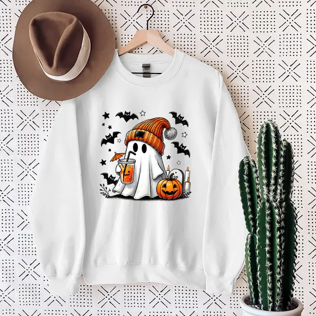Women's Sweatshirt Halloween Ghost Pumpkin Bat Print Pullover White - Shop at LoveMi