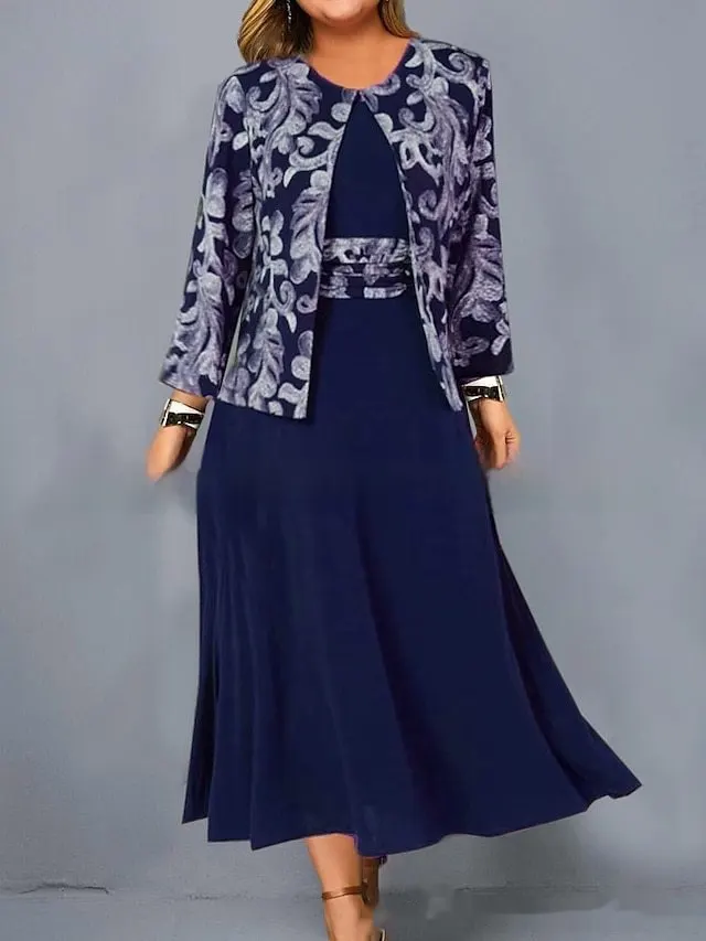 Women's Sleeveless Dress Printed Short Coat Fashion Casual Set Dark Blue - Shop at LoveMi