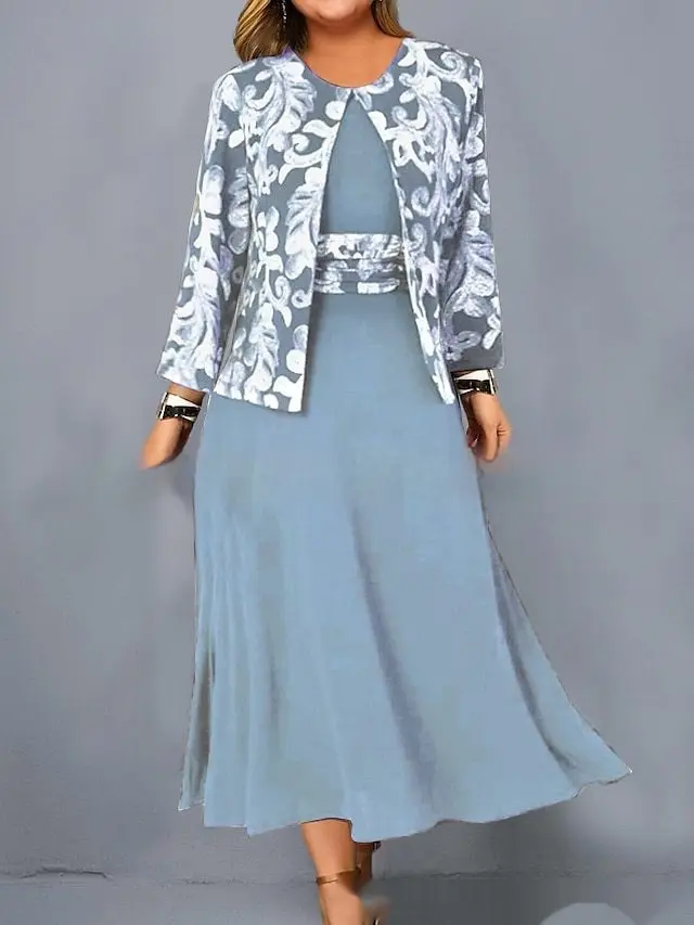 Women's Sleeveless Dress Printed Short Coat Fashion Casual Set Light Blue - Shop at LoveMi