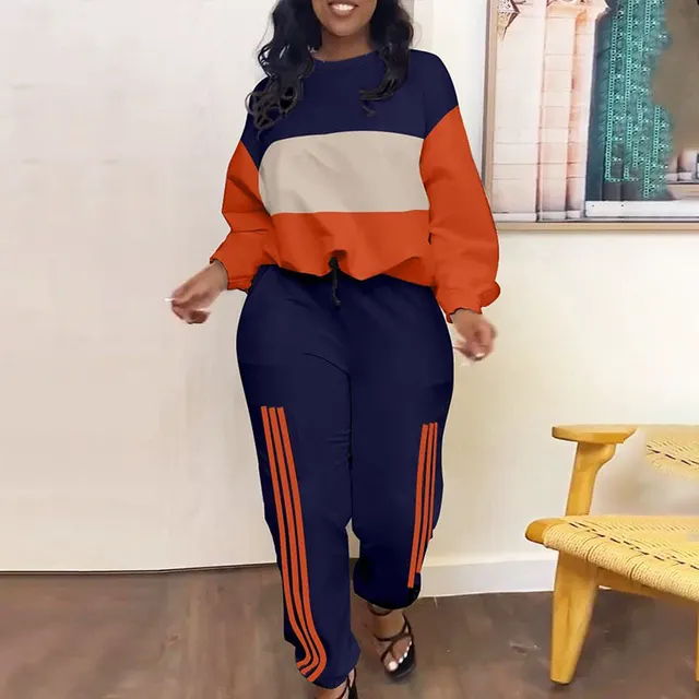 Women's Casual Printed Trousers Pullover Suit Dark Blue - Shop at LoveMi
