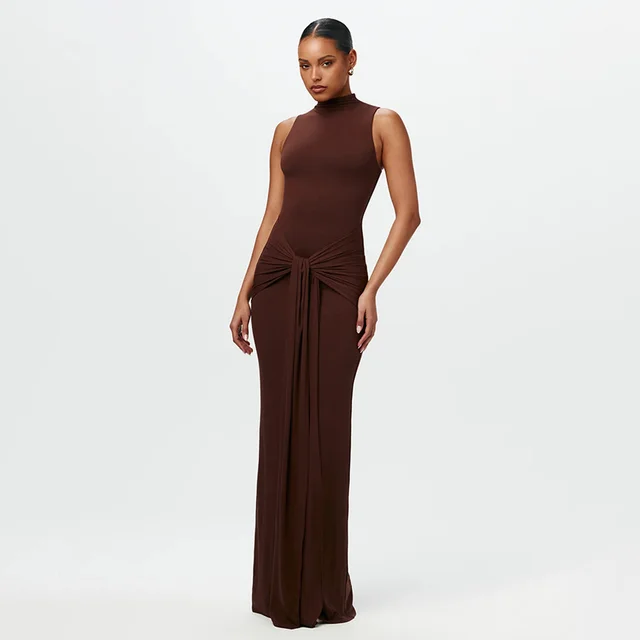 Cross Border Round Neck Sleeveless Tied Slim Fit Hip Dress Brown - Shop at LoveMi