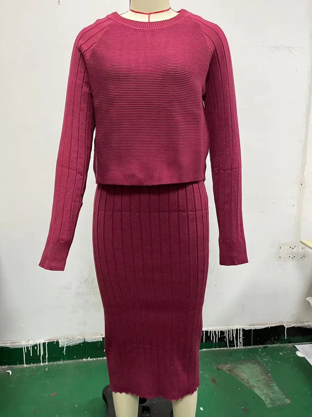 Sunken Stripe Long-sleeved Top Suspender Skirt - Dark Red