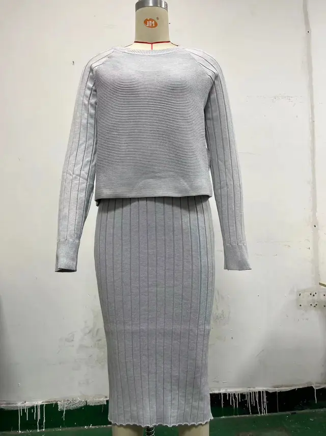 Sunken Stripe Long sleeved Top Suspender Skirt Light Gray - Shop at LoveMi