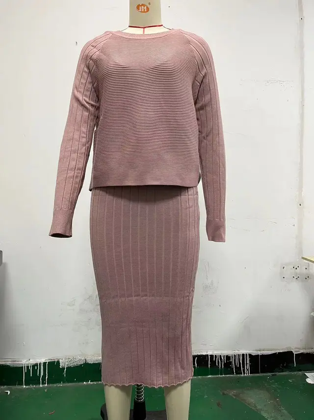 Sunken Stripe Long sleeved Top Suspender Skirt Rose Gold - Shop at LoveMi