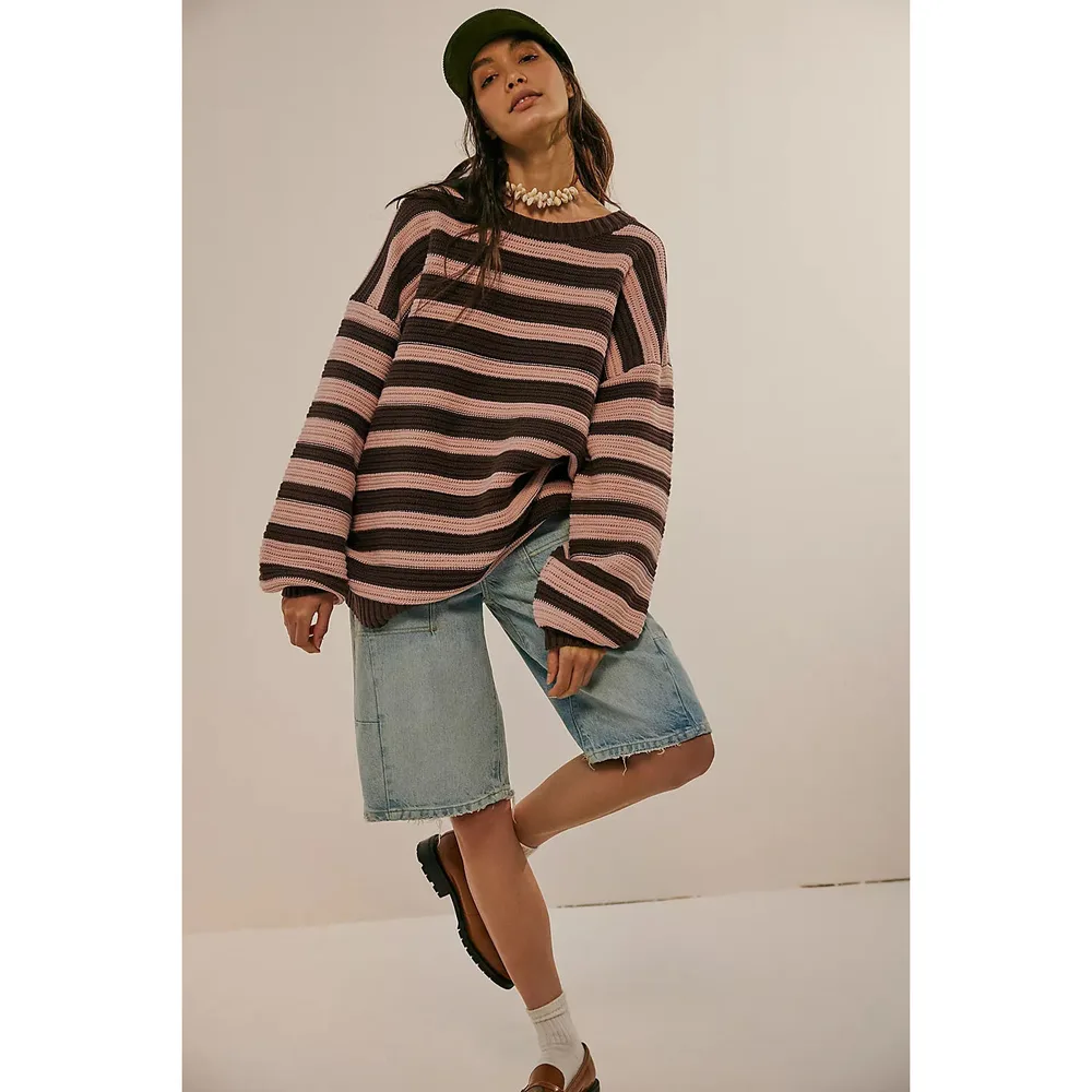 Printed Striped Long Sleeve Pullover Crew Neck Sweater Coffee Powder - Shop at LoveMi