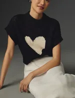 Peach Heart Round Neck Mid Collar Vest Sweater - Black