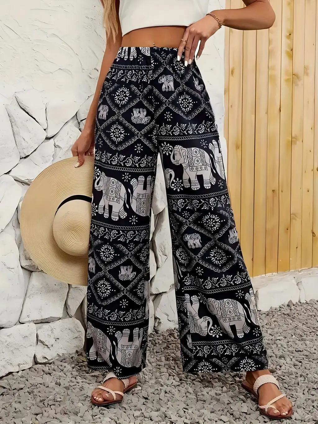 Women's Printed High Elastic Waist Loose Wide-leg Pants - Black