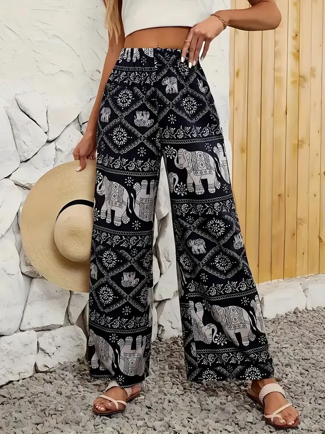 Women's Printed High Elastic Waist Loose Wide leg Pants Black - Shop at LoveMi