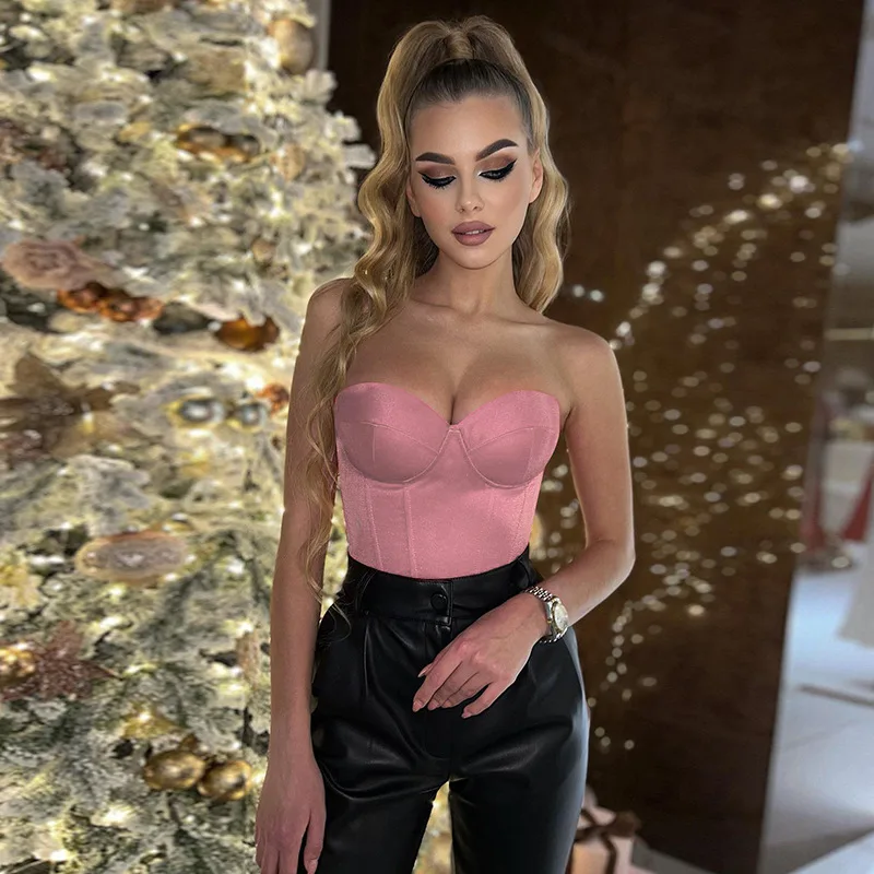 Tube Top Fishbone Chest Cup Waist Sexy Vest All-match Top - Pink - View 1