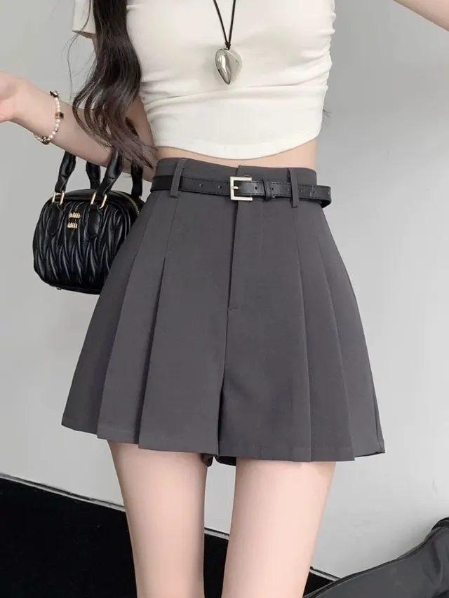 Gray Suit Shorts For Women Pleated Pantskirt Gray - Shop at LoveMi