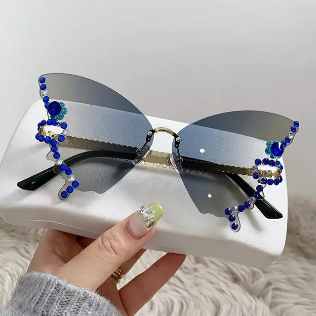 Butterfly Shape Diamond Rimless Sunglasses Butterfly Blue Tea B - Shop at LoveMi