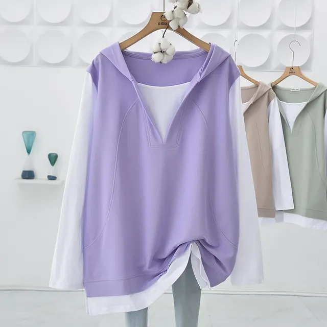 Extra Large Size Hooded Fake Two Pieces Stitching Loose Mid length Light Purple - Shop at LoveMi