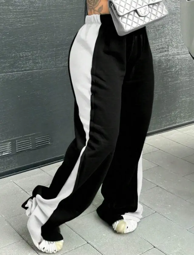 Women's Elastic Waist Colorblock All matching Straight Wide Leg Sweatpants Black And White - Shop at LoveMi