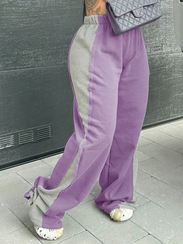 Women's Elastic Waist Colorblock All matching Straight Wide Leg Sweatpants Purple purple with light gray colorblock - Shop at LoveMi