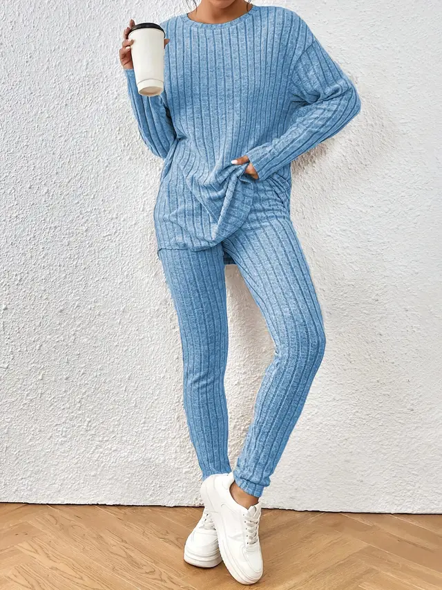 Fashion Casual Loose Round Neck Sunken Stripe Knitting Suit Sky Blue - Shop at LoveMi