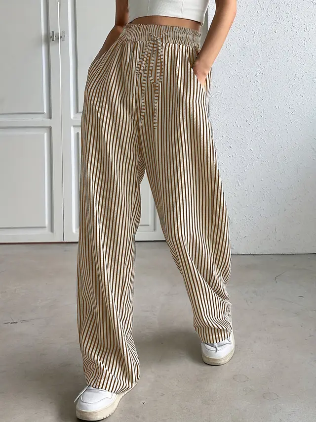Women's Clothing Striped Casual Trousers Straight leg Pants Brown And White Stripes - Shop at LoveMi