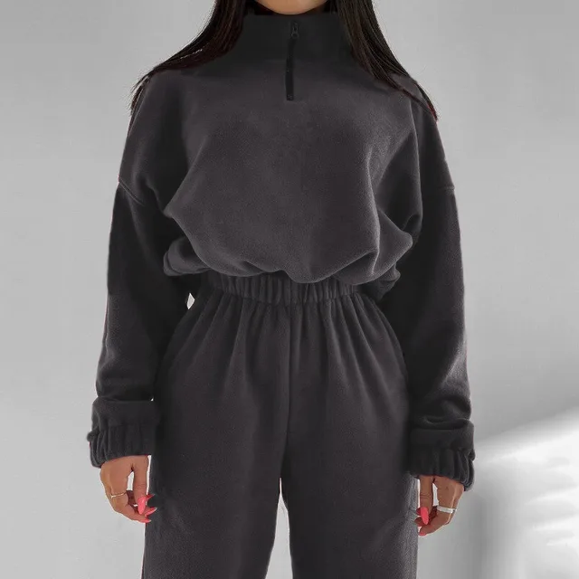 Loose Zip Stand Collar Sweater Two piece Set Dark Gray - Shop at LoveMi