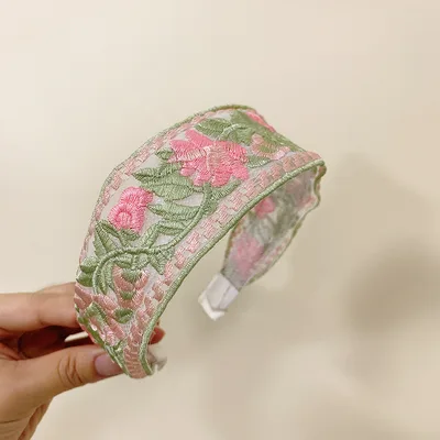 Ethnic Style Embroidery Floral New Headband Hair Accessories Wide Edge Pink - Shop at LoveMi