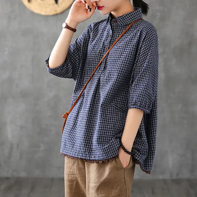 Retro Lace Loose Oversized Plaid Shirt Navy Blue - Shop at LoveMi