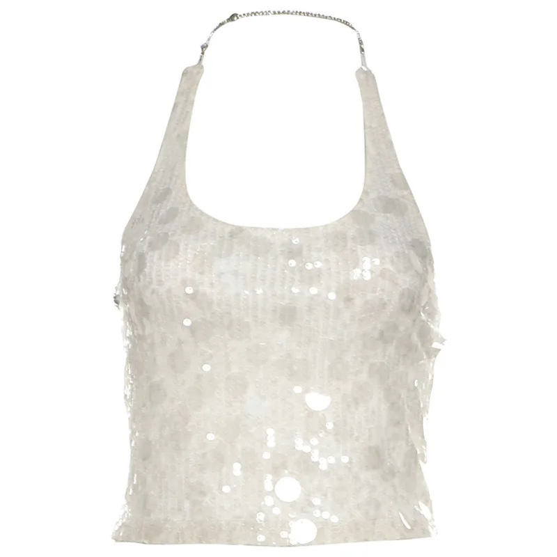 Solid Color Sleeveless Halter Sequins Cropped Tank Top White Vest - Shop at LoveMi