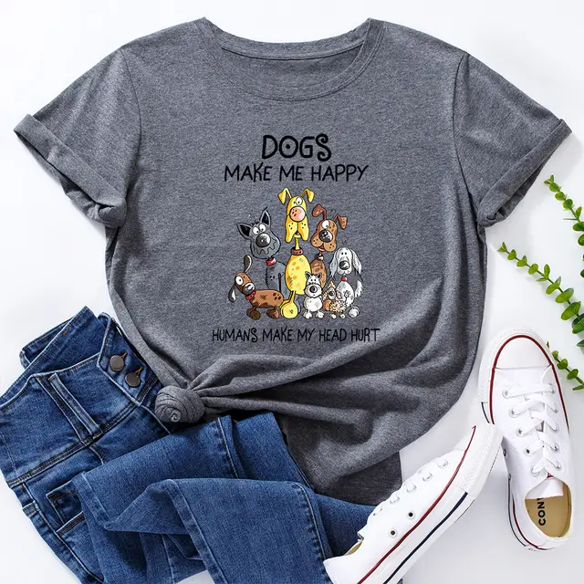 Women's Dog Printed Loose Round Neck Short Sleeve T shirt Dark Gray - Shop at LoveMi