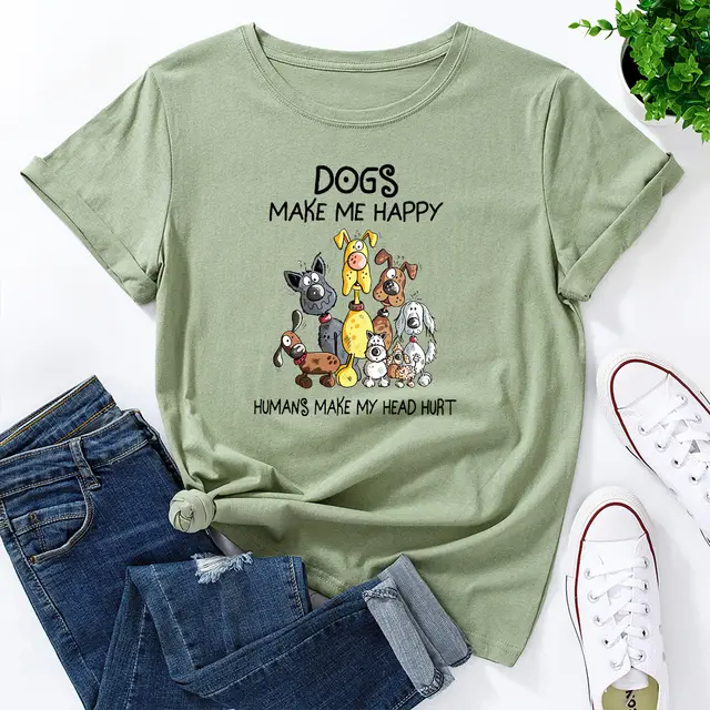 Women's Dog Printed Loose Round Neck Short Sleeve T shirt Olive Green - Shop at LoveMi