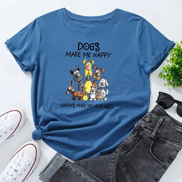 Women's Dog Printed Loose Round Neck Short Sleeve T shirt Sapphire Blue - Shop at LoveMi