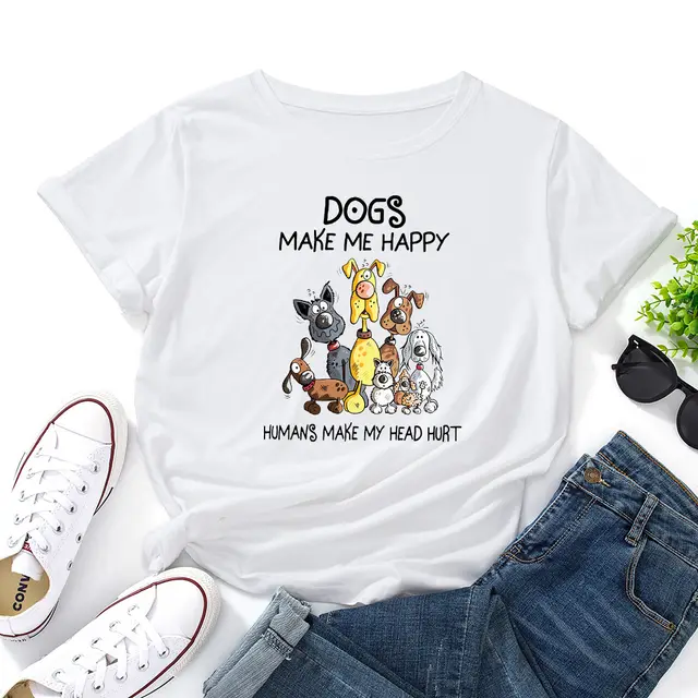 Women's Dog Printed Loose Round Neck Short Sleeve T shirt White - Shop at LoveMi