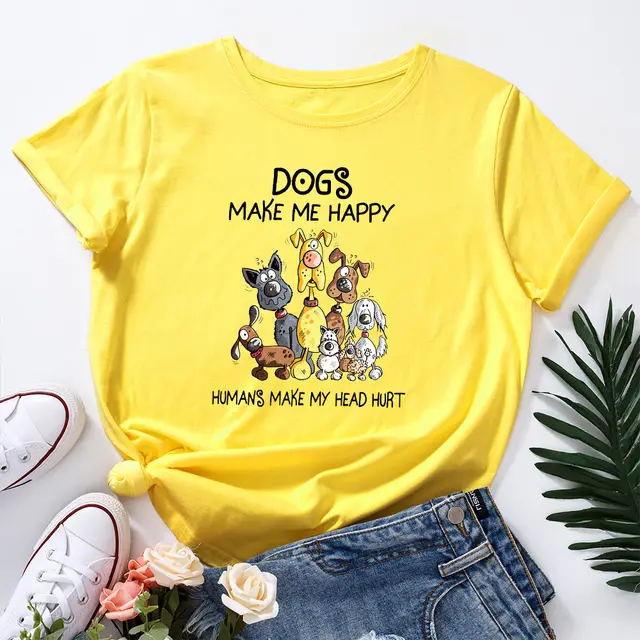Women's Dog Printed Loose Round Neck Short Sleeve T shirt Yellow - Shop at LoveMi