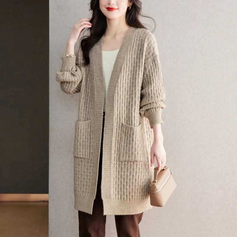 Knitted Long Lazy Feeling Thick Soft Skin friendly Loose Long Sleeve Cardigan Jacket Camel - Shop at LoveMi