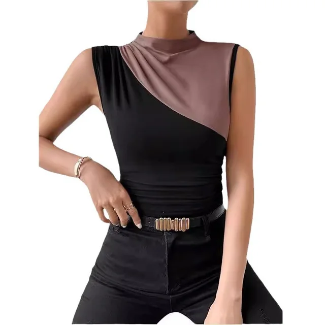 Sleeveless Slim Top Women's Half Turtleneck Black With Reddish Brown - Shop at LoveMi