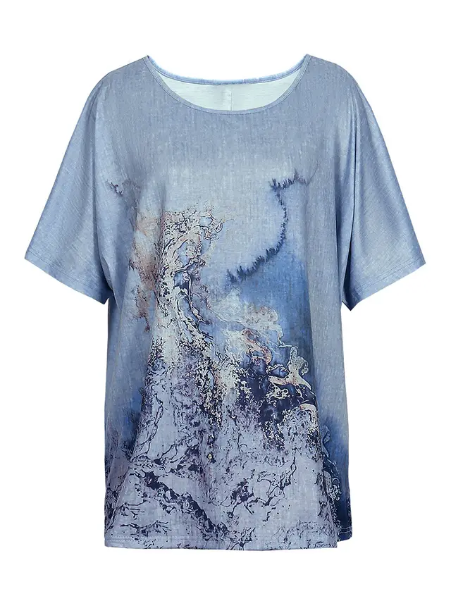 Loose Casual Print Round Neck T shirt For Women Blue - Shop at LoveMi