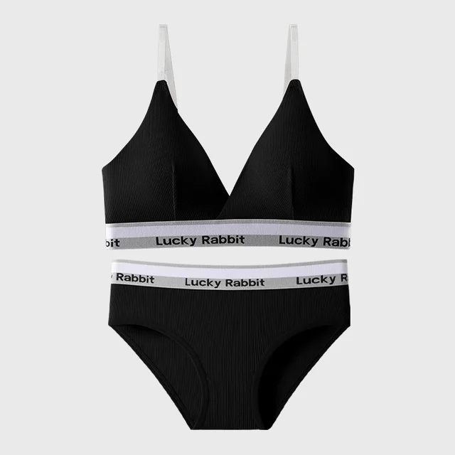 Sports Comfortable Wireless Sexy Outerwear Gather Triangle Cup Bra Set Black Suit - Shop at LoveMi