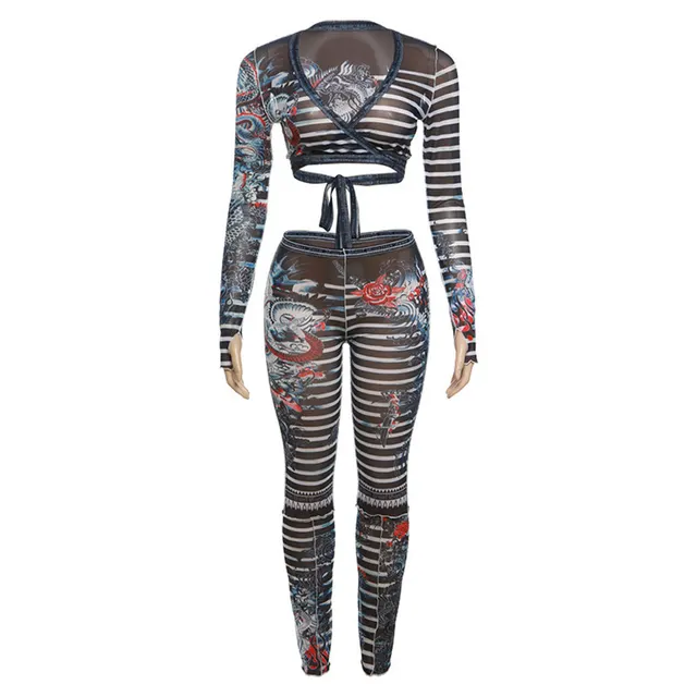 European And American Sexy Low Cut Lace up Long Sleeve Cardigan Fashion Striped Trousers Suit Blue - Shop at LoveMi