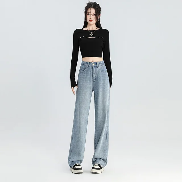 High Waist Slimming Narrow Version Straight leg Pants Commuting Girl Pants Light Blue Ninth Pants - Shop at LoveMi