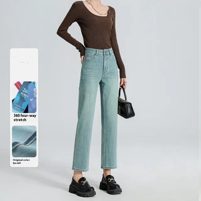 Straight leg Pants Lyocell Cropped Primary Color High Waist Drainpipe Pants Blue - Shop at LoveMi