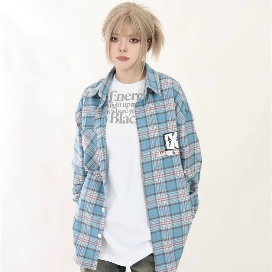 Long Sleeve Plaid Shirt Loose-fitting Versatile Blouse Design Retro Coat - Blue
