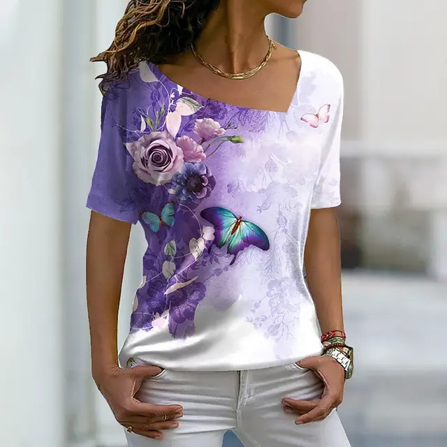 Women's Fashion Asymmetric V neck T shirt Ppt230911Z - Shop at LoveMi