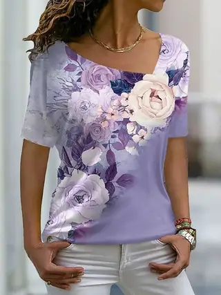 Women's Fashion Asymmetric V-neck T-shirt - Ppt230912E