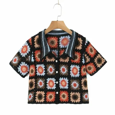Women Boho Cardigan Sweater Crop Top 24 Crochet Summer Front Black - Shop at LoveMi