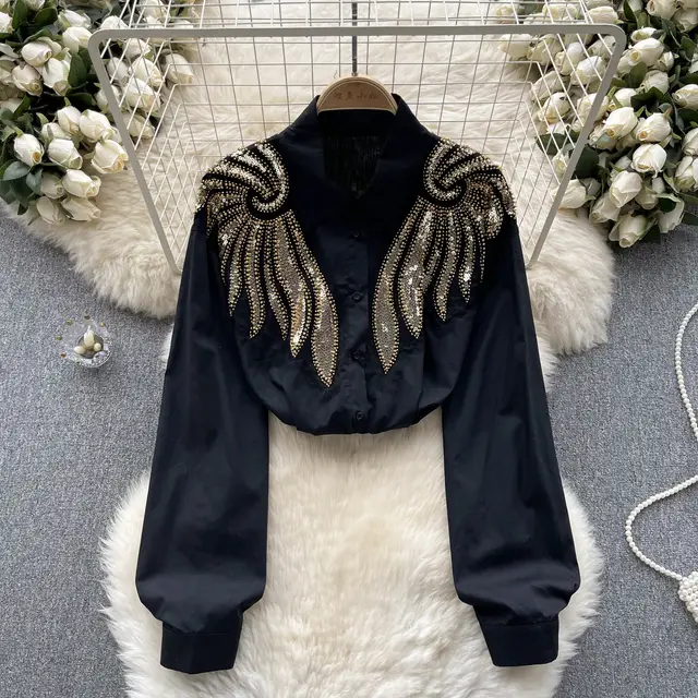 Shirt Women's Design Sense Heavy Industry Beads Sequins Black - Shop at LoveMi