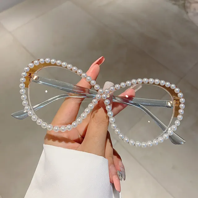 European And American Style Ins Cat's Eye With Pearl Anti blue Light Glasses Blue Frame - Shop at LoveMi