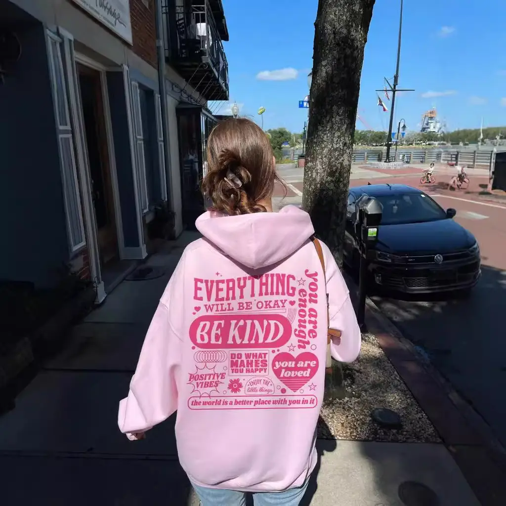 Women's Drop-shoulder Sleeve Thread Alles Wird In Ordnung Sein Hoodie Sweater - Pink
